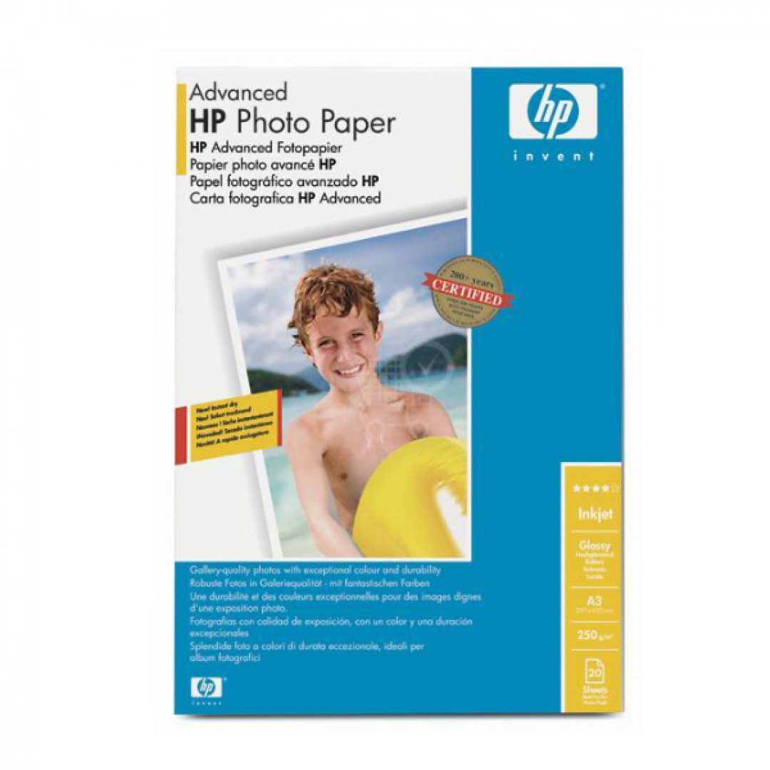 Fotopapier A3 HP 297x420mm (A3), 250 g/m2, 20 ks, Q8697A lesklý, atramentový